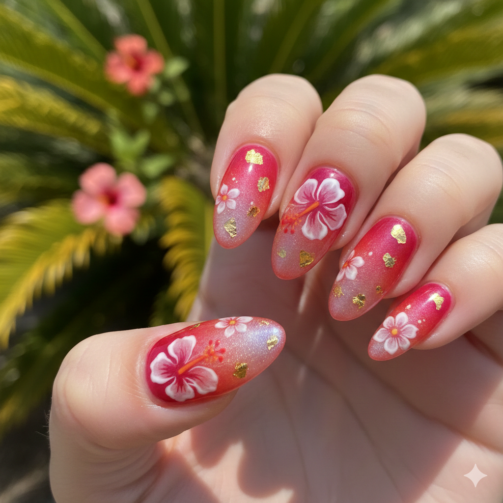 Aura Nails with Hibiscus Accents