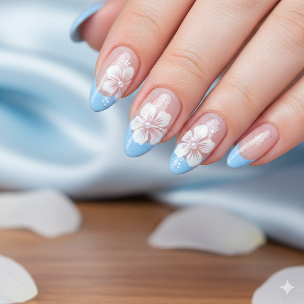 Baby Blue French with White Hibiscus