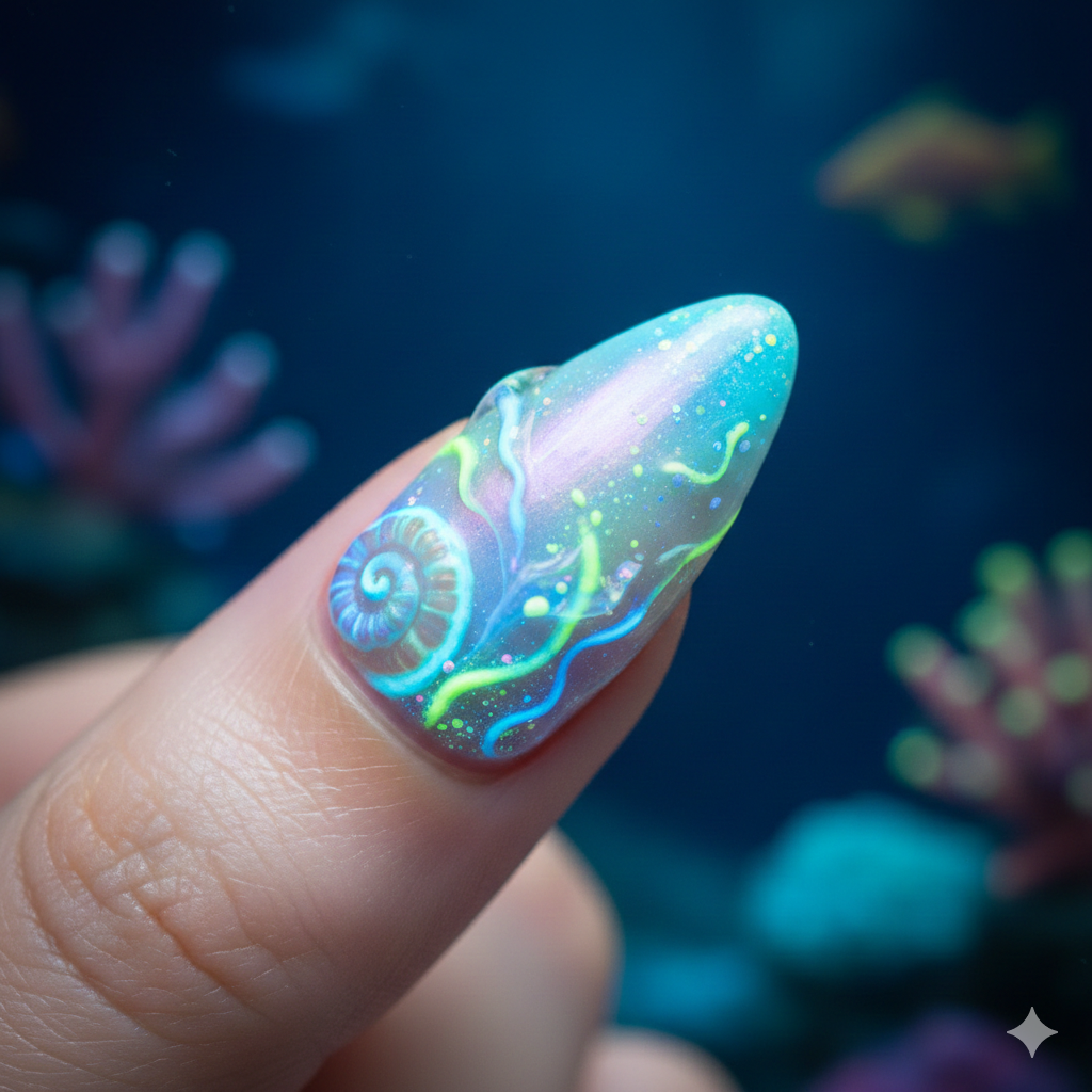 Bioluminescent Glow Seashell Nail Art