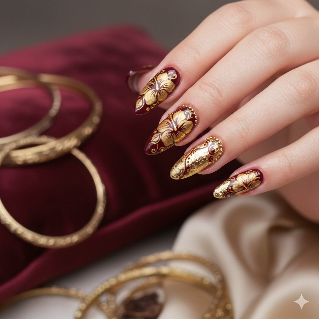 Burgundy and Gold Hibiscus Elegance