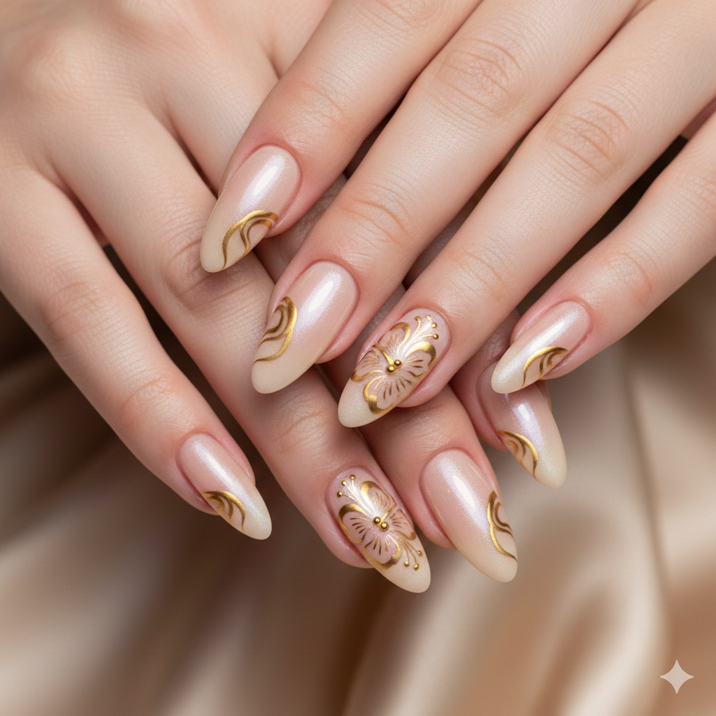 Champagne Nude with Gold-Accented Hibiscus