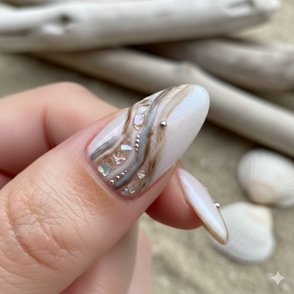 Driftwood Stripe Seashell Nail Art