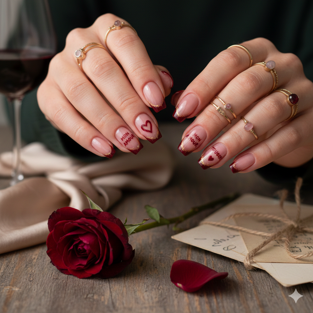 French tip Valentine nails