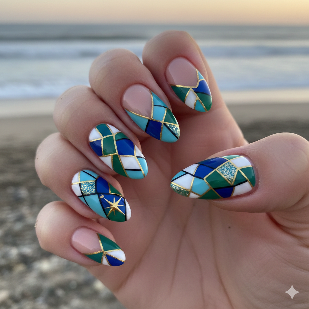 Geometric Coastline nail art