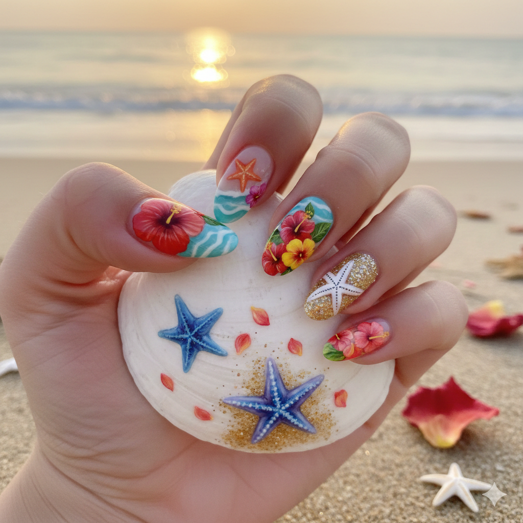 Hibiscus and Starfish Beach Scene