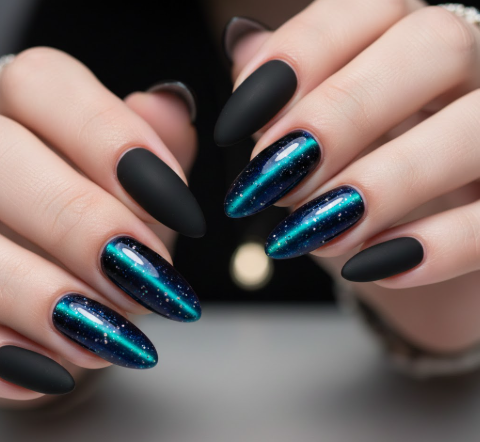 Matte Meets Glow Cat Eye Nails

