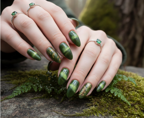 Mossy Green Cat Eye Nails
