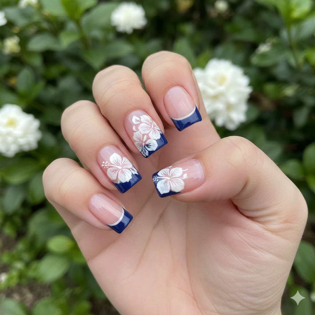 Navy Blue with White Hibiscus French