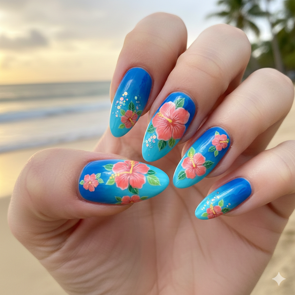 Ocean Blue Ombre with Coral Hibiscus