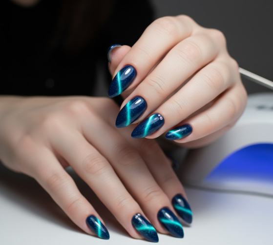 Ocean Depth Blue Cat Eye Nail Art
