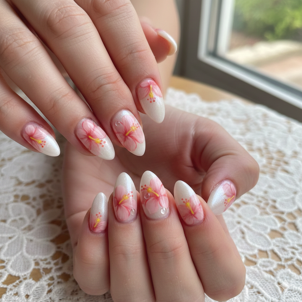 Pastel Pink Hibiscus on Milky Base