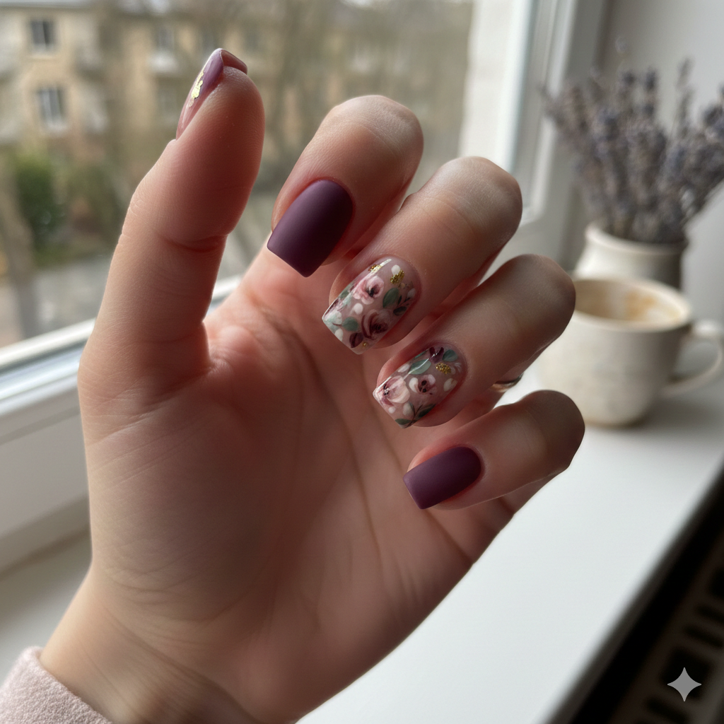 Plum French with Muted Floral Accents