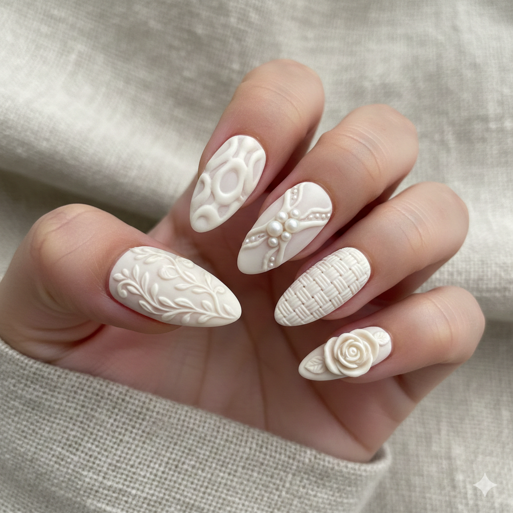 Sculpted Almond White Nails