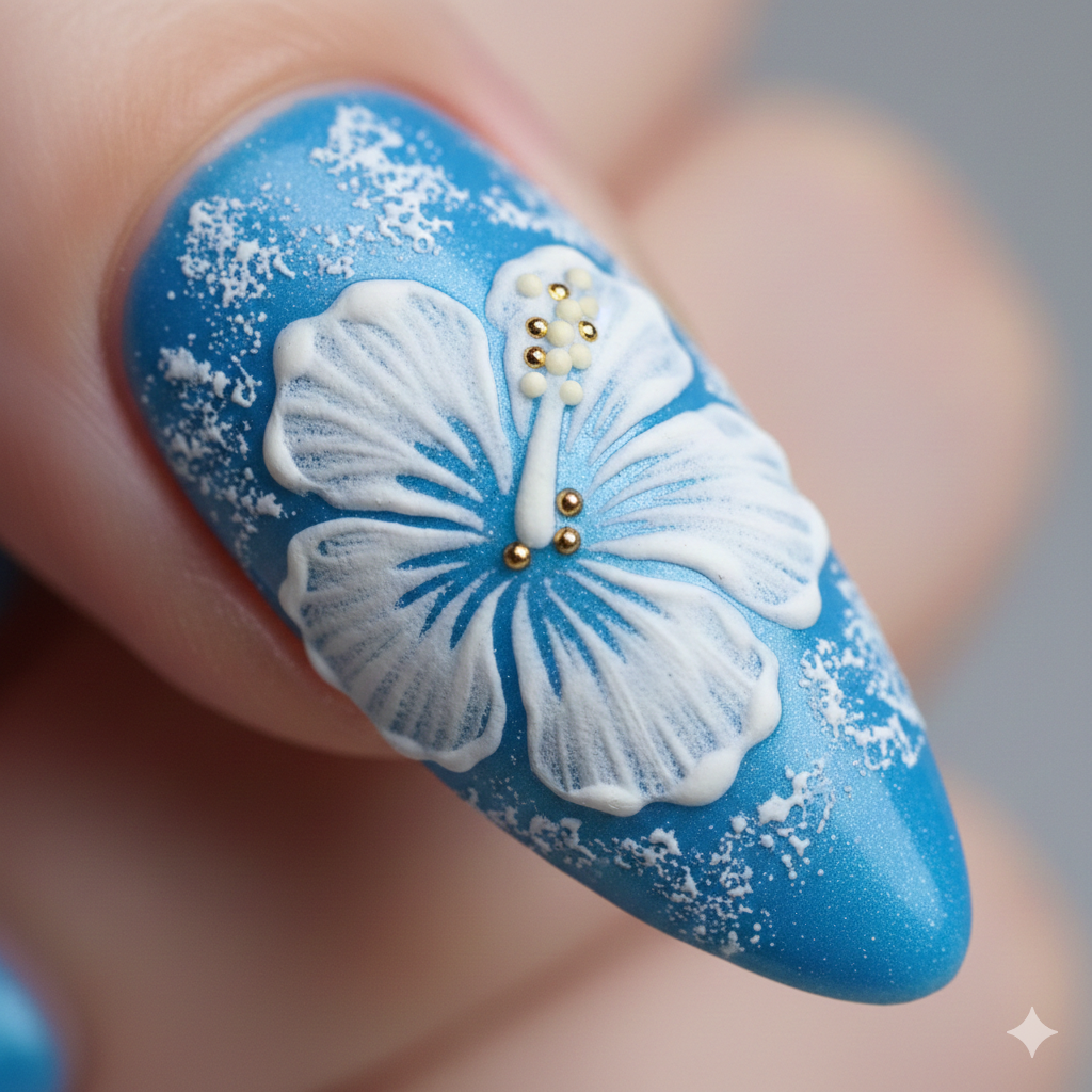 Textured White Hibiscus on Blue Gradient