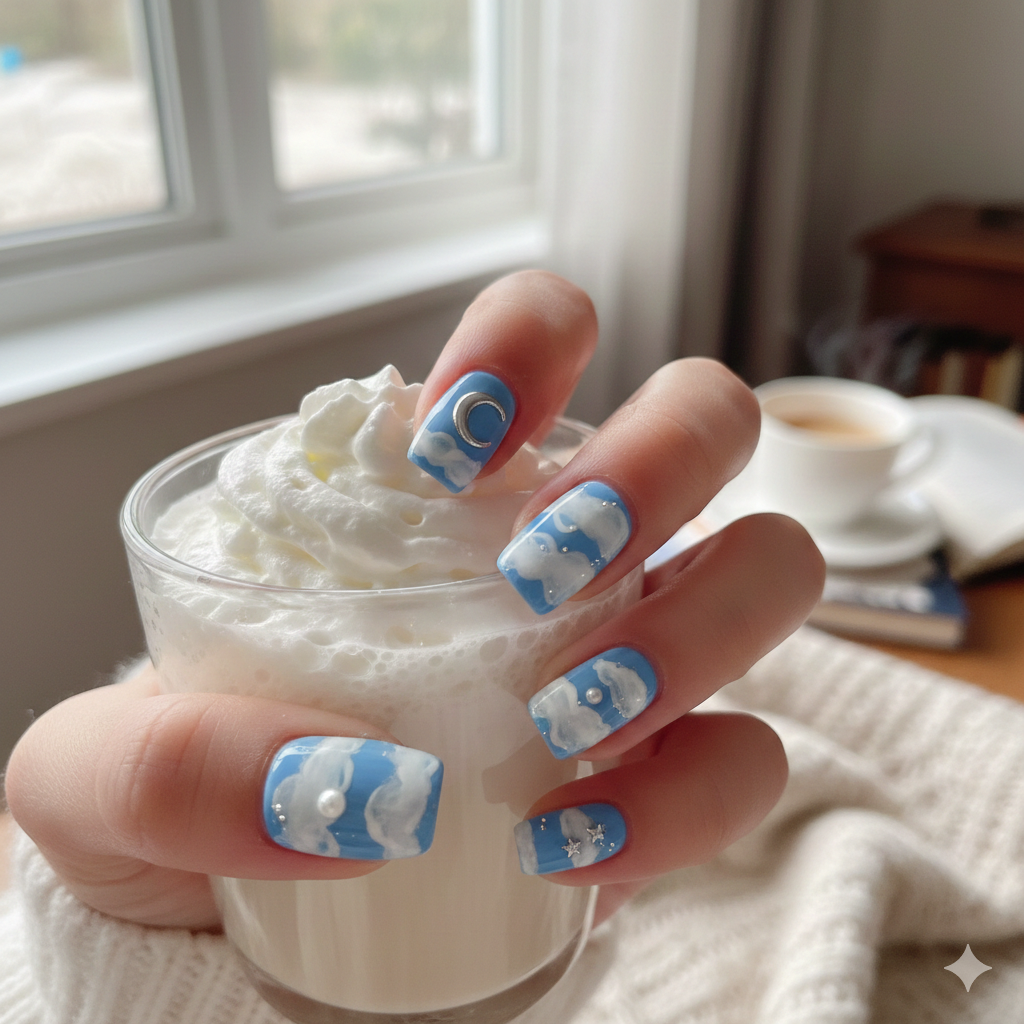 Whipped Cream Clouds Blue Nails