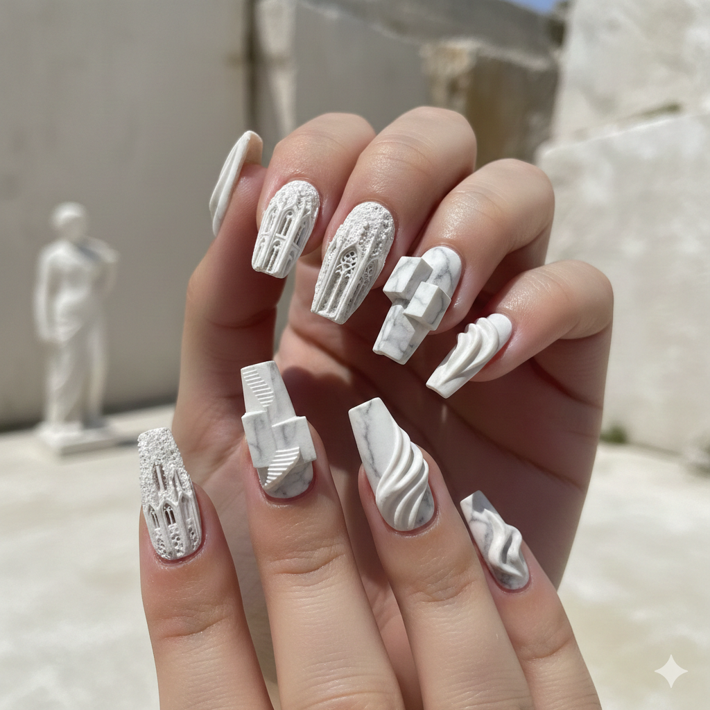 White Stone Carving Nails