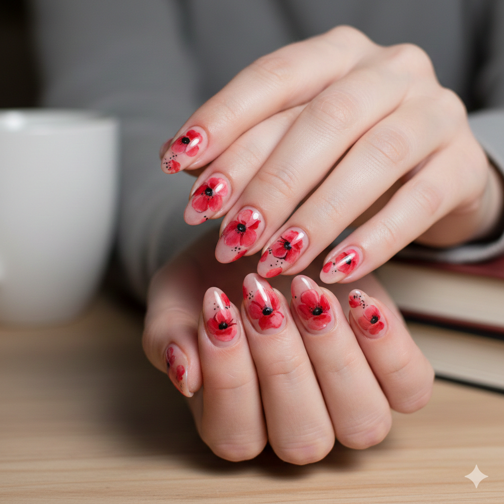 red floral nails