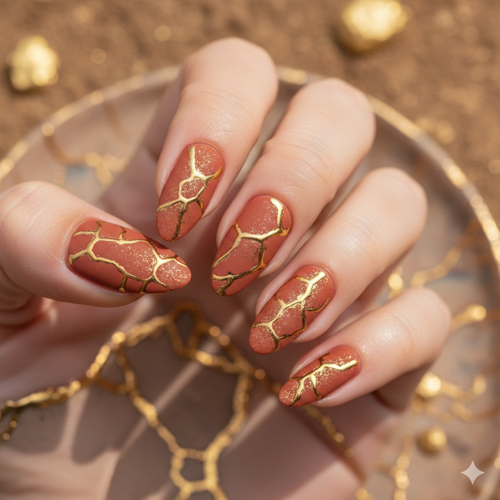 Cracked Earth Gold Kintsugi birthday nails